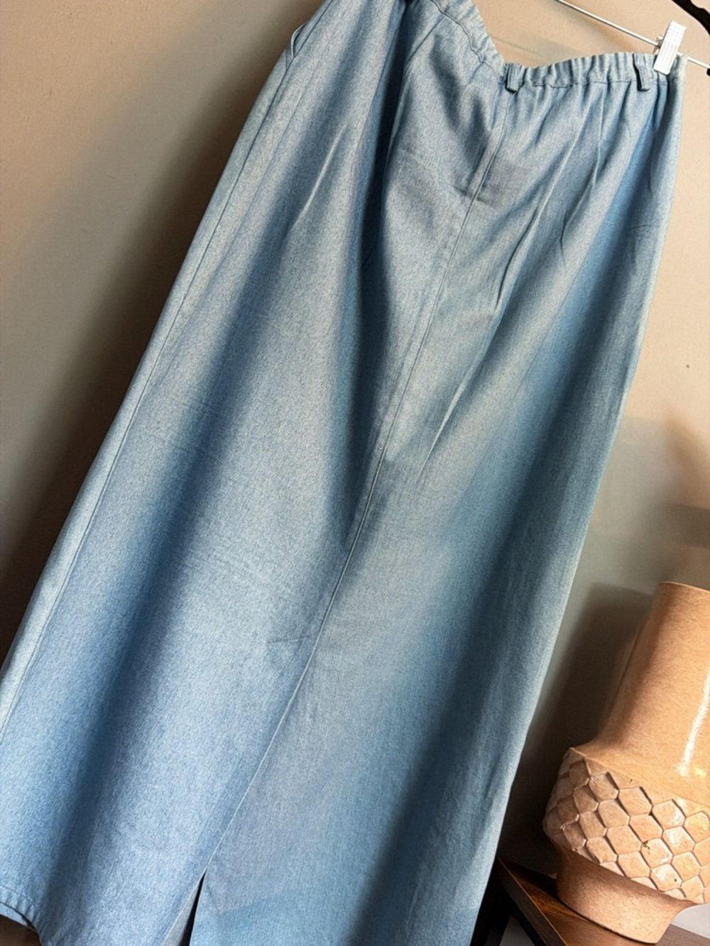 Vintage Blue Cotton Skirt Elastic Waist Pleated Maxi Prairie Coastal | M - Picture 6 of 6